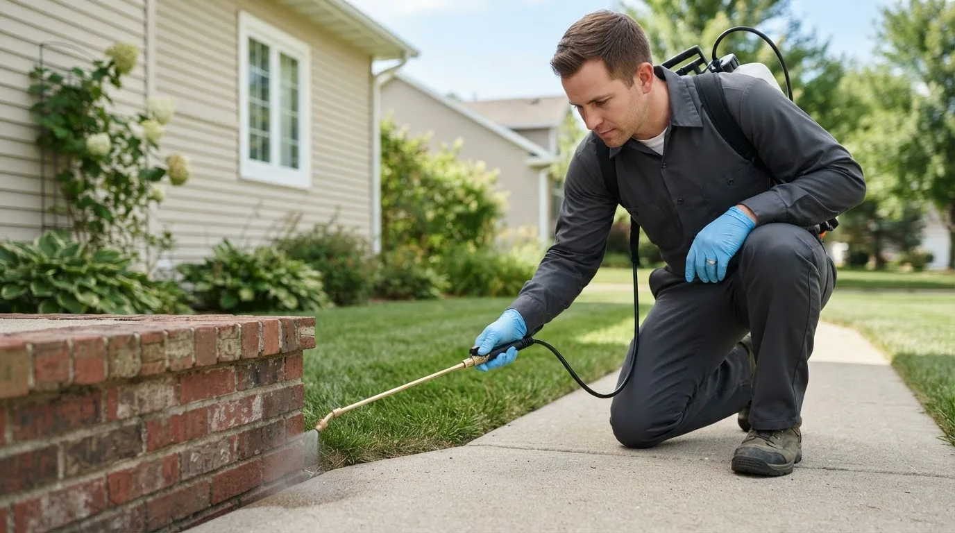 Pest control technician treating a home near New River, VA